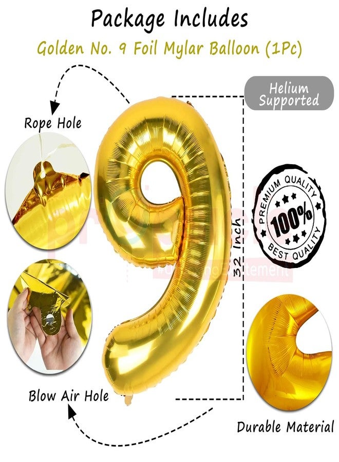 Propsicle 32 inch Birthday Foil 9 Number Helium Balloon Party Decoration Golden Pack of 1 | 9 Year No. Balloons Birthday/Anniversary | Nine Number - Image 2